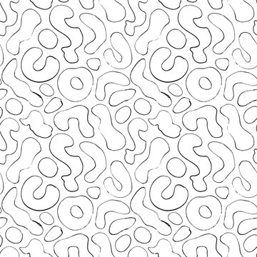 Organic thin irregular shapes seamless pattern. Hand drawn abstract vector ornament with doodle lines and outlined blots. Biological grunge squiggle ornament. Hand drawn various organic shapes. 