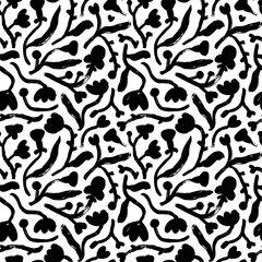 Seamless pattern with abstract herbs and simple flowers. Hand drawn black vector ornament with meadow flowers, small stems, leaves. Modern exotic design for wrapping paper, wallpaper, textile