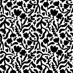 Seamless pattern with meadow flowers silhouettes. Abstract blossoms, various branches and botanical stems. Hand drawn simple vector ornament with black small flowers, chamomiles. Geometric botany.