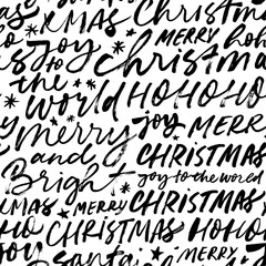 Seamless pattern with Christmas lettering. Winter holiday background with handwritten text. Brush style typography. Handwritten vector ornament. Merry Christmas hand lettering calligraphy.
