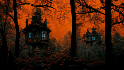 Naklejka premium Big Black Spooky Scary House in the Middle of the Mystical Forest Art Illustration. Halloween Horror Movie Panoramic Background. CG Digital Painting AI Neural Network Computer Generated Art Wallpaper