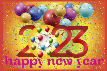 2023 Happy New Year banner. Vector illustration with colorful numbers 2023 with a colorful balloon. New Year holiday symbol template on colorful background.