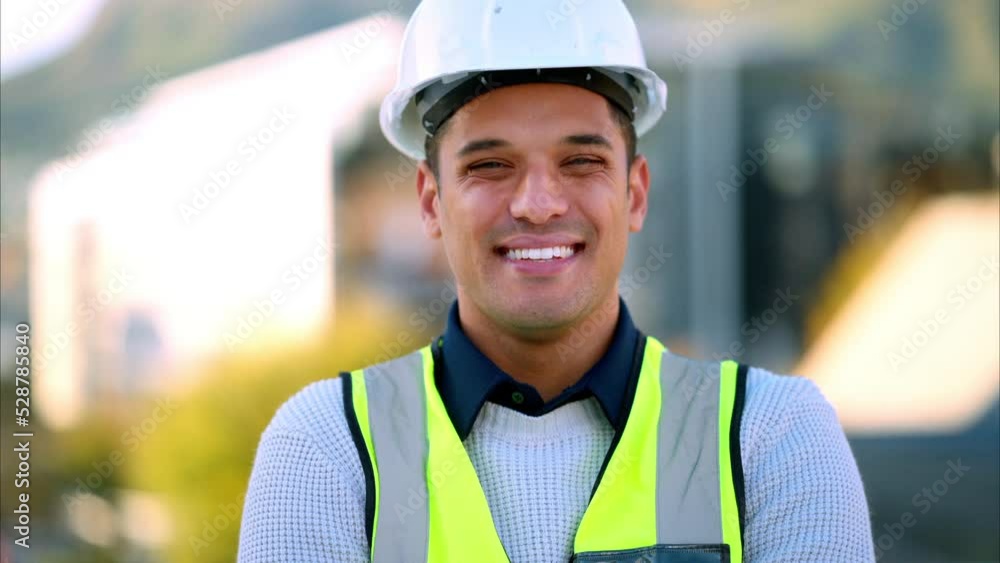 Poster smile portrait of construction worker, building man or architect engineer with happy face, helmet or