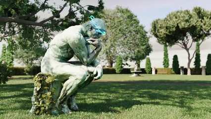 Sculpture of thinker with rotating binary code around head on background of garden - Powered by Adobe