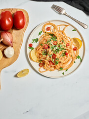 Spaghetti Meal Isolated on Marble Counter Background