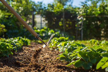 Farmer cultivating land in the garden with hand tools. Soil loosening. Gardening concept. Agricultural work on the plantation