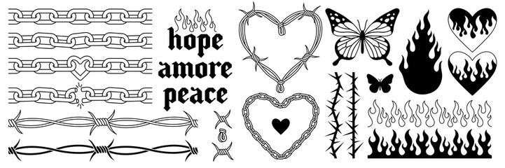 Tattoo art 1990s, 2000s. Y2k stickers. Butterfly, barbed wire, fire, flame, chain, heart and other elements in trendy psychedelic style. Vector hand drawn tattoo print. Black and white colors. - obrazy, fototapety, plakaty