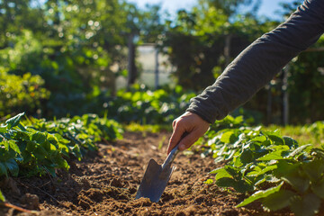 Farmer cultivating land in the garden with hand tools. Soil loosening. Gardening concept. Agricultural work on the plantation