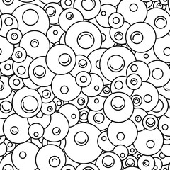 Seamless black and white vector pattern of circles and arcs. Geometric pattern dense bubbles in linear style monochrome texture.