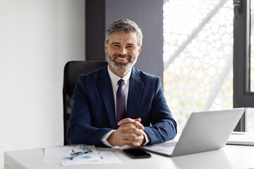 Portrait Of Handsome Smiling Middle Aged Businessman Sitting At Workplace In Office