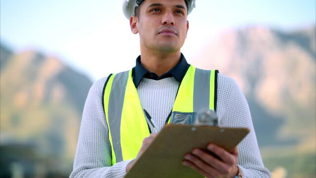 Construction worker, building engineer or man with clipboard paper writing or planning engineering supply stock. Thinking, innovation or designer with vision for real estate, property or architecture