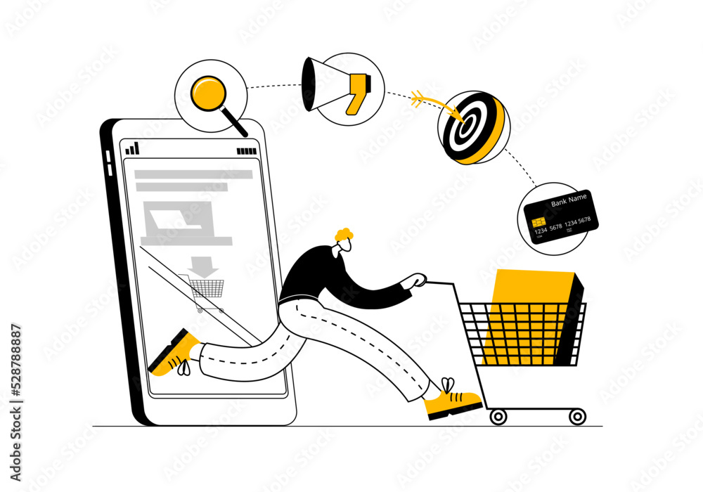 Poster a user with a cart exits the phone along a trajectory with various icons. vector illustration on the
