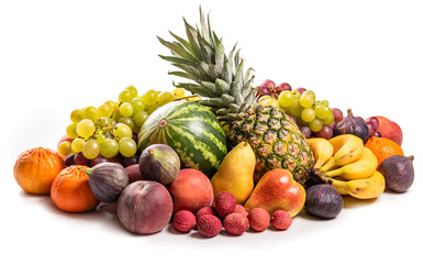Pineapple, watermelon, grapes, peaches, pears, figs, lychee, tangerines, bananas on a white background. Isolate lychee