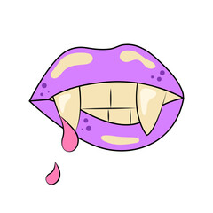 Purple Lips Vampire Bite and Drop of Blood Sticker or Temporary Tattoo in Grove Style Halloween Holiday