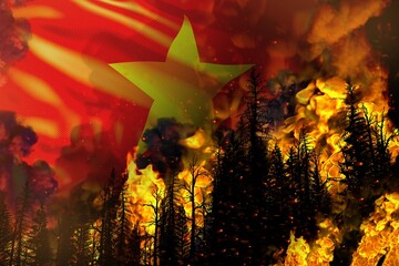 Big forest fire fight concept, natural disaster - flaming fire in the trees on Vietnam flag background - 3D illustration of nature