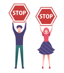 止まれ標識を掲げる若者　男女　人物　フラットイラスト　意思表示