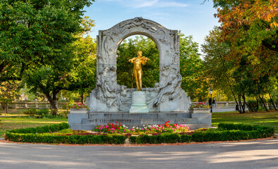 Monument to famous composer Johann Strauss in Stadtpark in autumn, Vienna, Austria