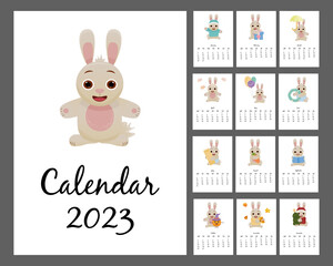 Vector calendar template for 2023 with a cute rabbit , bunnies. In the cartoon style. Calendar template with rabbits. A set of calendars for 12 months. The week starts on Monday. 