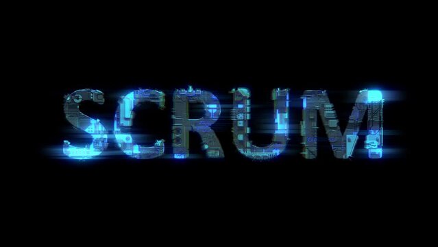 abstract glitch cybernetical text SCRUM shining blue electrical light, isolated