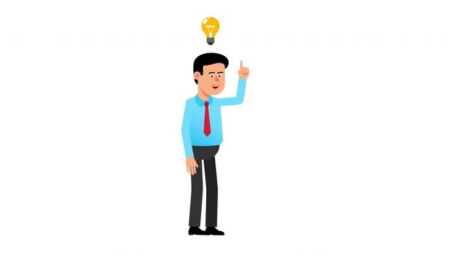 Businessman thought about the problem and found a solution. Light bulb idea. 2d animation