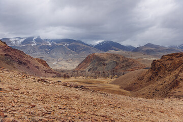 Fototapeta na wymiar Gobi desert lifeless landscape mountains Altai Republic Russia, texture of red sandstone in Mars valley