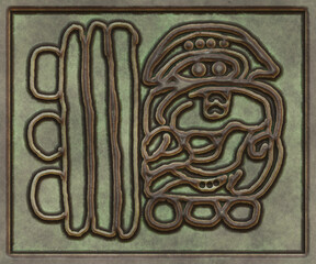 Glyphs- symbol hieroglyphic mayan. Coinage on metal- 3d illustration