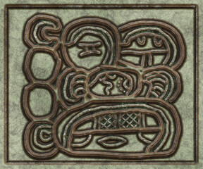 Glyphs- symbol hieroglyphic mayan. Coinage on metal- 3d illustration