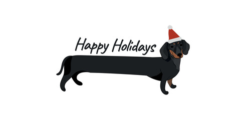 Dachshund dog Christmas postcard, holiday design poster. Funny cartoon illustration. Dog character in Santa hat, happy New Year. Cute long doxie.