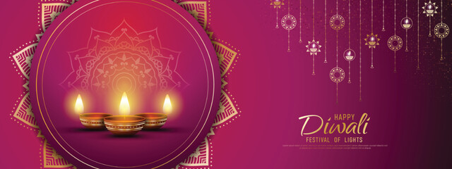 Happy Diwali - festival of lights colorful banner template design with decorative diya lamp.