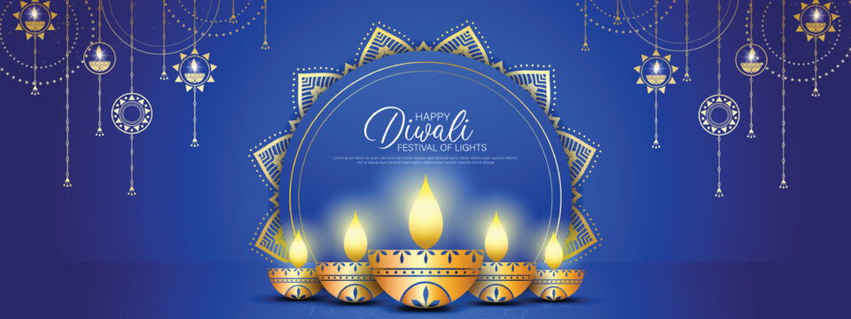 Happy Diwali - festival of lights colorful banner template design with decorative diya lamp.