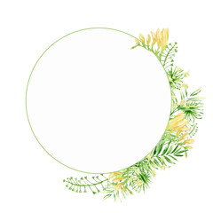Obraz na płótnie Canvas Watercolor tropical leaves round frame, floral greenery trendy Hand painted isolated illustration, tropic summertime jungle motif banner, birthday greeting, Invitation template