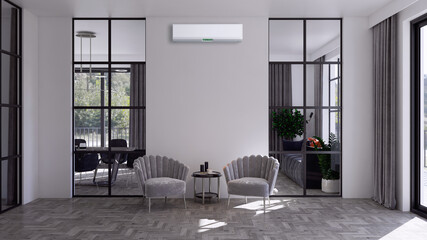 large luxury modern bright interiors living room with air conditioning mockup illustration 3D rendering