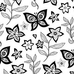 Seamless floral pattern with outline flowers and leaves background. Abstract contemporary modern trendy vector illustration. Perfect for wallpaper, gift paper and textile. Fashionable template