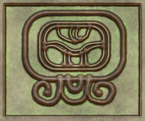 Hieroglyphic writing of the Maya tribe- 3d illustration. Metal background- antique decoration.