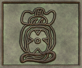 Hieroglyphic writing of the Maya tribe- 3d illustration. Metal background- antique decoration.
