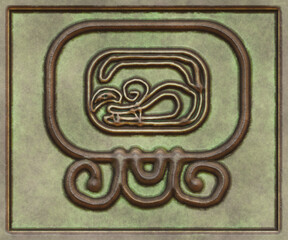 Hieroglyphic writing of the Maya tribe- 3d illustration. Metal background- antique decoration.