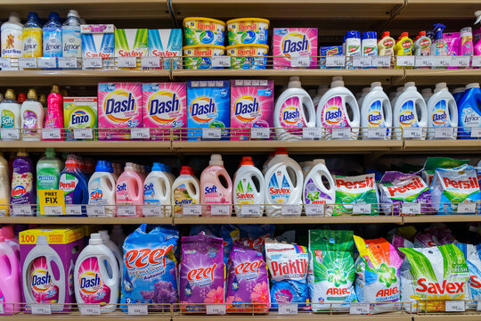 Shelf with laundry detergents in the store. Illustrative editorial. April 13, 2022 Beltsy Moldova