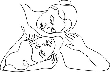 Mother and adult daughter hug One line drawing