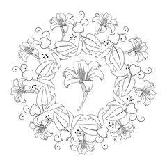 Lily flowers round ornament. Coloring book page. Vector illustration