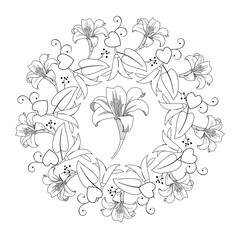 Lily flowers round ornament. Coloring book page. Vector illustration
