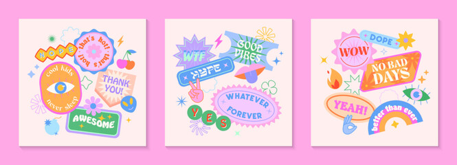 Vector set of cute fun templates with patches and stickers in 90s style.Modern symbols in y2k aesthetic with text.Trendy kidcore designs for banners,social media marketing,branding,packaging,covers