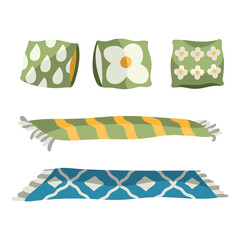 Set of cushions and rugs or blankets with retro prints. Mid-century modern decor. Scandinavian interior design. Warm hygge aesthetics. Flat cartoon hand-drawn style, isolated on white background