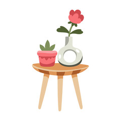 Retro wooden small table with plant in a flowerspot and vintage vase with flower. Mid-century modern furniture. Scandinavian interior design. Warm hygge aesthetics. Flat cartoon hand-drawn style