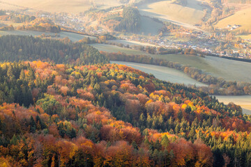 Top view of the valley surrounded by hills in the autumn season. National Nature Reserve Sulov Rocks, Slovakia, Europe.