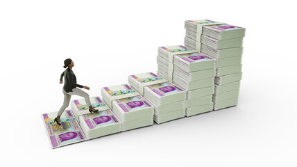 Business woman climbing stairs made of stacks of Central African Cfa franc notes isolated on white background. 3D rendering of money arranged in the shape of a financial growth graph icon.