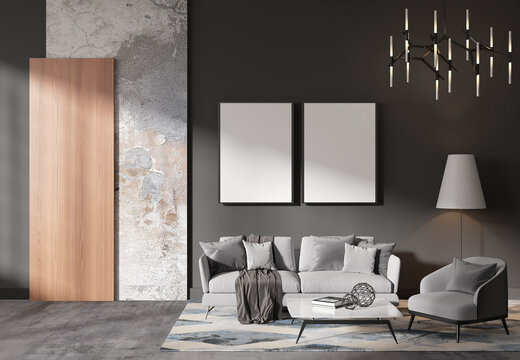 mock up poster frame in modern interior background, living room, Contemprorary style, 3D render, 3D illustration	