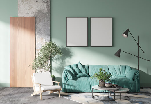 mock up poster frame in modern interior background, living room, Contemprorary style, 3D render, 3D illustration