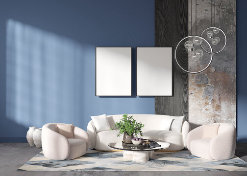 mock up poster frame in modern interior background, living room, Contemprorary style, 3D render, 3D illustration-ы