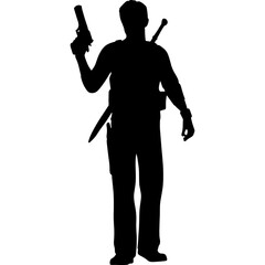 Black and white silhouette of a soldier with a weapon. A special forces soldier aims and shoots a rifle or a machine gun at the enemy