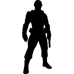 Black and white silhouette of a soldier with a weapon. A special forces soldier aims and shoots a rifle or a machine gun at the enemy